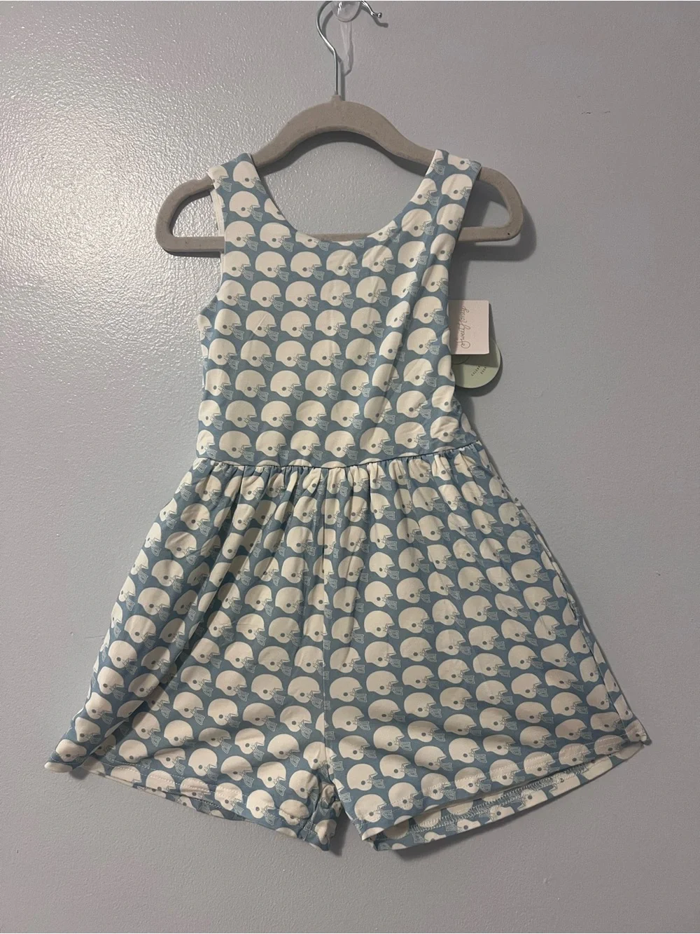 SweetHoney Girls Sleeveless Blue Romper with White Football Helmet Print-NWT-4T